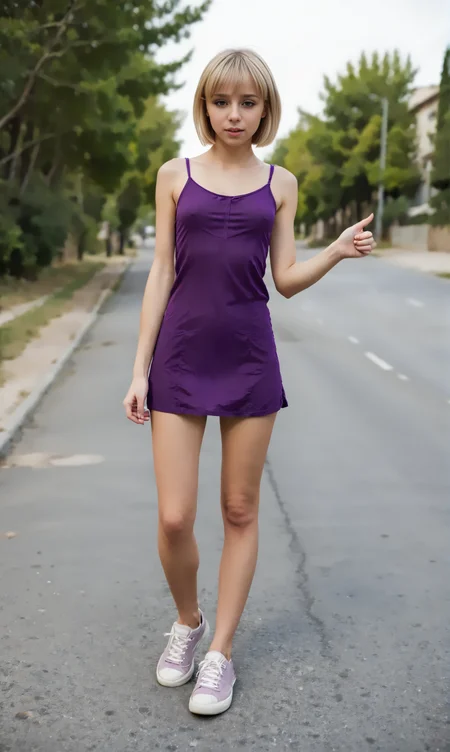 HiHike, (slim woman) standing at a street. The woman wears purple short dress, sneakers and has short blonde hair <lora:Hitchhike:1>