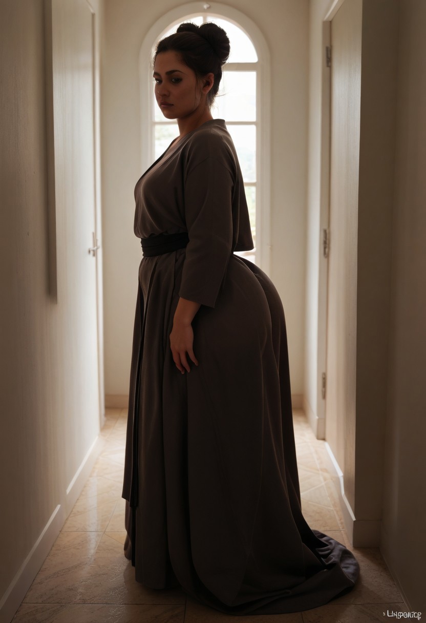 hallway, doors, mansion, long hallway, no lights, dark room, moonlight, lowlight,  
score_9, score_8_up, score_7_up, score_6_up, score_5_up, score_4_up,, solo. ass focus, looking forward, small breasts, thin waist, gigantic butt, gigantic fat ass, HD, side view, wide hips, mid step, ass jiggling under robe, bottom heavy, bubble butt,  oiled ass, slimy skin, shiny skin, wet body, cellulite ass,
score_9, score_8_up, score_7_up, score_6_up, rating_explicit
((venus body,)) obese, fat, big breasts, big ass, thick thighs, female jedi, black hair,  bbw, fat, chunky, plump, hyper body, hyper wide ass, ass bigger than torso, hyper ass, wide hips, hyper hips, thick thighs, huge ass, cellulite, large ass, gigantic ass 1girl, thighs, thick thighs, ass under long robe, dark skin, very dark skin color, black woman, african woman, lightsaber holstered, lightsaber holstered at hip, wearing sash, hair in bun, chubby, bbw,