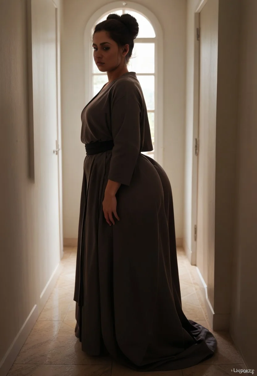 hallway, doors, mansion, long hallway, no lights, dark room, moonlight, lowlight,
score_9, score_8_up, score_7_up, score_6_up, score_5_up, score_4_up,, solo. ass focus, looking forward, small breasts, thin waist, gigantic butt, gigantic fat ass, HD, side view, wide hips, mid step, ass jiggling under robe, bottom heavy, bubble butt, oiled ass, slimy skin, shiny skin, wet body, cellulite ass,
score_9, score_8_up, score_7_up, score_6_up, rating_explicit
((venus body,)) obese, fat, big breasts, big ass, thick thighs, female jedi, black hair, bbw, fat, chunky, plump, hyper body, hyper wide ass, ass bigger than torso, hyper ass, wide hips, hyper hips, thick thighs, huge ass, cellulite, large ass, gigantic ass 1girl, thighs, thick thighs, ass under long robe, dark skin, very dark skin color, black woman, african woman, lightsaber holstered, lightsaber holstered at hip, wearing sash, hair in bun, chubby, bbw,
