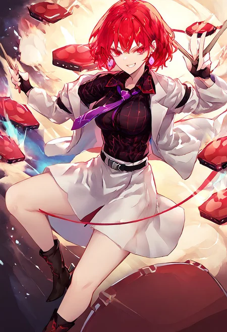 score_9, score_8_up, score_7_up, score_6_up, score_5_up, score_4_up, source_anime, 1girl,
horikawa raiko, red eyes, red hair, white jacket, black shirt, necktie, black belt, white skirt, boots, drumsticks, drum, drum set, holding, smile, short_hair, shirt, breasts, red_eyes, large_breasts, long_sleeves, hair_between_eyes, blue_eyes, skirt, holding, white_shirt, collarbone, thighs, collared_shirt, jewelry, cleavage, jacket, green_eyes, necktie, earrings, bra, gloves, black_skirt, grin, red_hair, open_clothes, black_jacket, plaid_skirt, miniskirt, plaid_vest, black_gloves, open_jacket, necklace, white_skirt, fingerless_gloves, white_jacket, black_bra, drum, drumsticks, purple_necktie, plaid_shirt, black_shirt,
masterpiece, best quality, very aesthetic, absurdres,