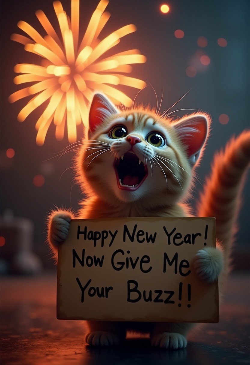 A cute cat, watching some fireworks with an over the top shocked facial expression, holding a sign  it says "Happy New Year Now Give Me Your Buzz!", realistic, cinematic shot, head tilted back, large eyes, pointing at the viewer,