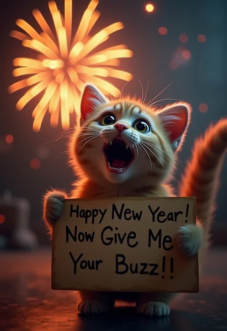 A cute cat, watching some fireworks with an over the top shocked facial expression, holding a sign it says "Happy New Year Now Give Me Your Buzz!", realistic, cinematic shot, head tilted back, large eyes, pointing at the viewer,