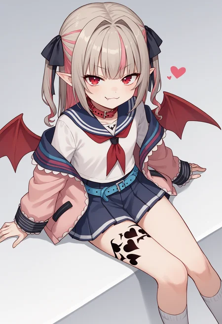 score_9, score_8_up, score_7_up, source_anime, mr1, red eyes, pink hair, grey hair, two-tone hair, multicolored hair, streaked hair, hair intakes, two side up, pointy ears, fang, leg tattoo, wings, red wings, demon wings, ribbon, hair ribbon, black ribbon, collar, serafuku, red collar, neckerchief, red neckerchief, shirt, white shirt, blue sailor collar, off shoulder, jacket, pink jacket, long sleeves, sleeves past fingers, heart, armband, belt, blue belt, skirt, pleated skirt, blue skirt, socks, white socks, smug, wariza, sitting, from above, looking at viewer<lora:MakainoRirimuXLv2-16:1>