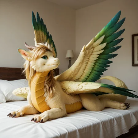 score_9, score_8_up, score_7_up, score_6_up, score_5_up, score_4_up, masterpiece, high quality, realistic, detailed, best quality, white bed, solo, rating_safe, source_furry, bedroom, smiling, seductive, looking at viewer, full body, detailed eyes, flammie_mana, dragon, furred dragon, feathered wings, (multiple wings, four wings:1.5), color tipped wings, tail, claws, yellow fur, blonde hair, yellow underbelly, green tipped wings, green eyes, feral, 1girl, female