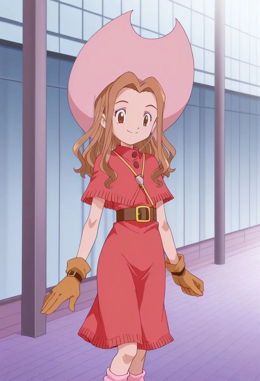 mimi tachikawa, digimon adventure, wavy hair, light brown hair, brown eyes, pink hat, western-style red dress with a buttoned poncho, brown gloves, pink socks, shoes,
1girl, outside, cowboy shot
smiling, looking at viewer, posing
nyuu_style