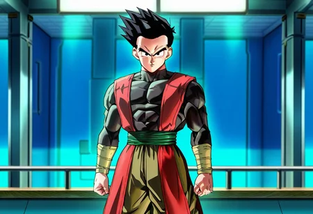 masterpiece, best quality, amazing quality, very aesthetic, absurdres, depth of field, volumetric lighting, absurd res, xeno goten, 1boy, spiked hair, pants, shirt, sash, black hair, black eyes, xeno outfit, short hair, solo, muscular male, looking at viewer