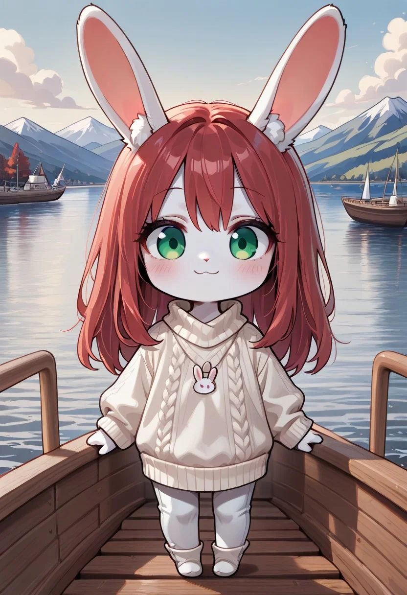 masterpiece,best quality,amazing quality, very aesthetic
rabbit girl,furry,red hair,white rabbit ear,solo,add detailed eyes,green eyes,dressed, black roll-up sweater,happy,long hair,
lake, mountain, boat in the background, cloud,
chibi, solo, simple art, solid stroke,
