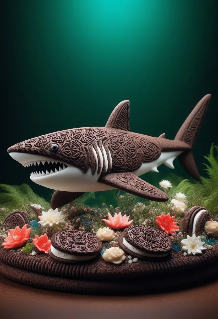 a shark made of creamy cookies, set in a lush ancient forest, with abundant blooms, vibrant colors, serene ambiance, timeless charm, ,Masterpiece,best quality, photo, realistic, very aesthetic,