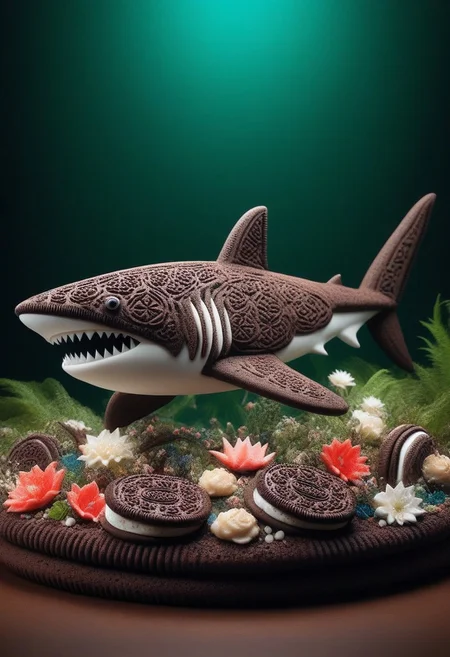 a shark made of creamy cookies, set in a lush ancient forest, with abundant blooms, vibrant colors, serene ambiance, timeless charm, ,Masterpiece,best quality, photo, realistic, very aesthetic,