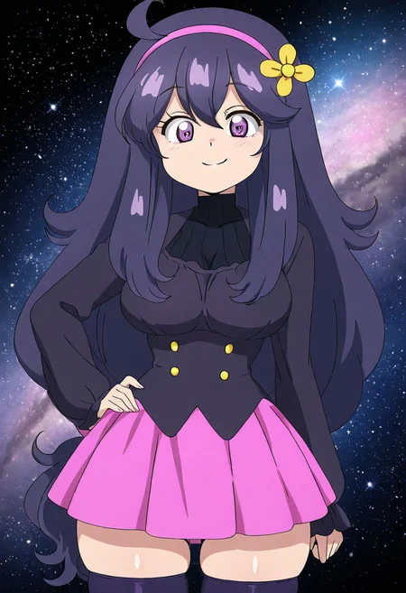 masterpiece, best quality, solo, curvy, beautiful eyes, narrow waist, wide hips, 1girl, solo, smile, looking at viewer, zzVioletta, hex maniac (pokemon), long hair, ahoge, purple hairband, purple eyes, large breasts,, jacket, sleeves past wrists, pink skirt, black thighhighs, zettai ryouiki, cowboy shot, hand on hip, smug, smile, looking at viewer, shiny skin, floating, space, stars, large breasts,