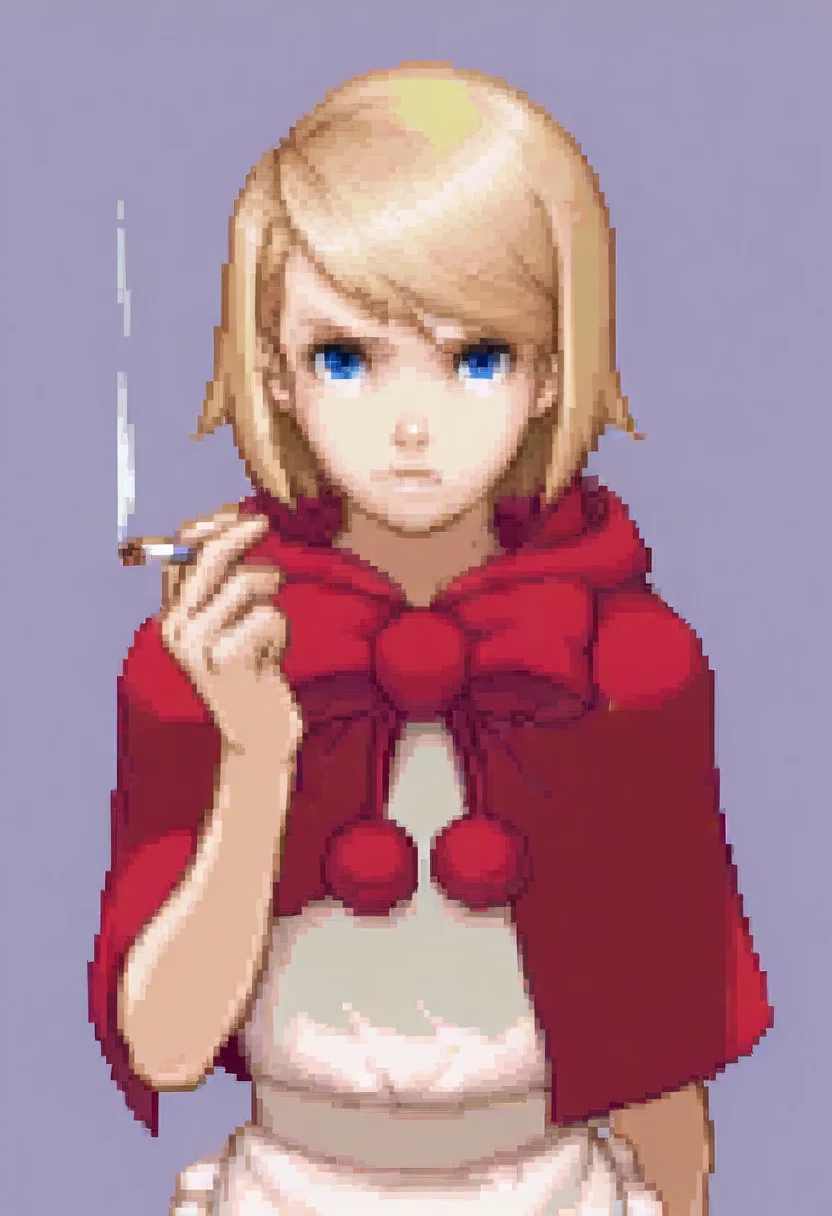 masterpiece, best quality, solo, looking at viewer, 1girl,  <lora:Ace-Attorney-Portraits-illus_Fp:1>, portrait, upper body, pixel art, simple background, <lora:Bbhood-illus_Fp:1>, bbhood, short hair, blonde hair, blue eyes, hood, capelet, red dress, bow, white apron, pom pom \(clothes\), hood down, smoking,
