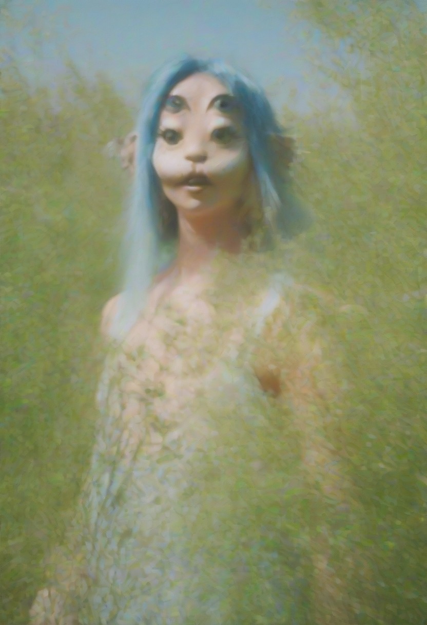 A young girl with vibrant blue hair stands tall in a lush meadow, her upper body bare to the sun. Her textured skin glistens with a subtle sheen as she poses confidently against a backdrop of soft grass and wildflowers, the camera capturing the intricate details of her features and surroundings.<lora:EMS-458129-EMS:1.000000>