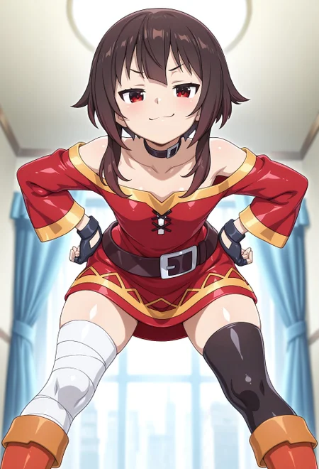 Masterpiece, best quality, dynamic_pose, anime coloring, anime screencap, 1girl, solo, Megumin-Liver020, short hair, brown hair, black hair, short hair with long locks, no hat, red eyes, red dress, short dress, gloves, black gloves, fingerless gloves, thighhighs , black thighhighs, asymmetrical legwear, single thighhigh, boots, black belt, brown belt, belt buckle, choker, black choker, collar, bandages, bandaged leg, bare shoulders, long sleeves, collarbone, mismatched legwear, brown footwear, orange footwear, black headwear, brown headwear, zettai ryouiki, off shoulder, off-shoulder dress, shiny clothes, latex, hands on hips, looking at viewer, smug, cowboy_shot, leaning forward, from below, standing, spread legs, venusbody