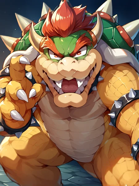 score_9, score_8_up, score_7_up, score_6_up, score_5_up, <lora:bowserXLP:1> bowser, spikes, 1boy, horns, solo, red hair, spiked shell, muscular, claws, fangs