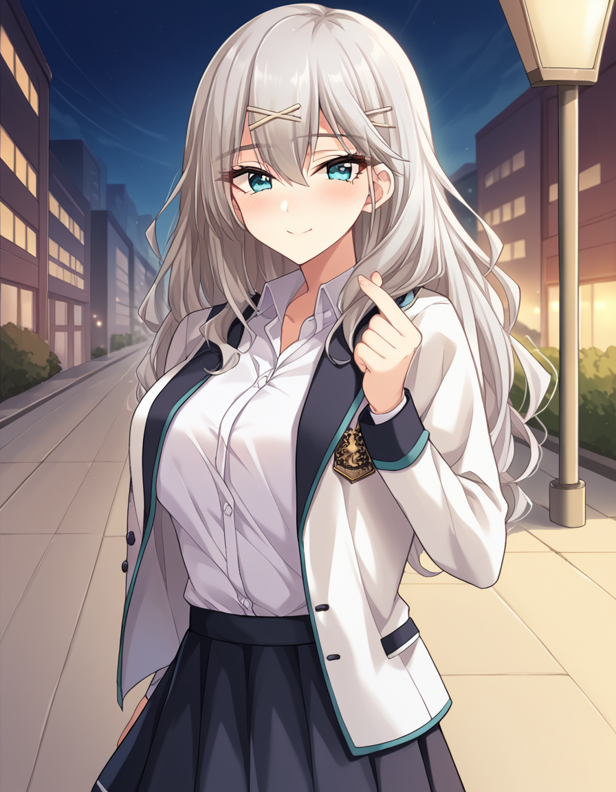 score_9, score_8_up, score_7_up, source_anime, <lora:aina-leminen-ingame-ponyxl-lora-nochekaiser:1>, aina leminen, long hair, bangs, blue eyes, large breasts, hair ornament, hair between eyes, hairclip, x hair ornament, grey hair,, skirt, shirt, long sleeves, school uniform, jacket, white shirt, pleated skirt, open clothes, miniskirt, black skirt, open jacket, dress shirt, white jacket,, city street, evening, streetlights, walking dog, quiet neighborhood, gentle breeze, smile, <lora:finger-heart-ponyxl-lora-nochekaiser:1>, finger heart, heart, blush, smile,, looking at viewer, solo,, dutch angle, cowboy shot