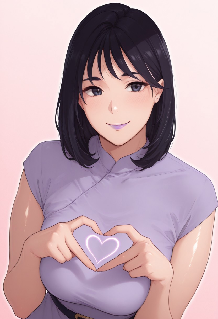 , 1girl, solo, medium build, medium hair, sfw, safe for work, covered skin, flowy dress,  black eyes, purple lipgloss, smiling, portrait, upper body, heart hands, mature female, foreshortening, detailed, newest, shiny skin, cowboy angle, solo focus, medium breasts, kgt
