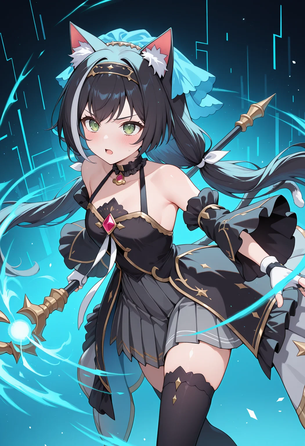 highres, best quality, masterpiece, glitch, cyberspace,
1girl, solo, pcrcal, black hair, streaked hair, cat ears, animal ear fluff, cat tail, green eyes,
calover, low twintails, hairband, blue veil, black choker, black dress, white ribbon, gold trim, layered dress, brooch, sleeveless dress, frilled collar, halterneck, bare shoulders, wide sleeves, black sleeves, detached sleeeves, white gloves, fingerless gloves, overskirt, grey skirt, pleated skirt, black thighhighs, magic,
serious, blush, open mouth,
holding staff, light particles, blue light, dynamic pose,
<lora:_kyaru_pcr-elesico-ilxlC:1>