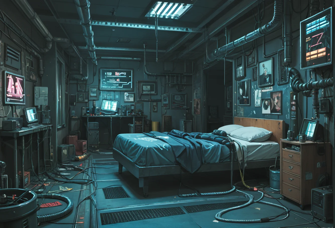 ,ruanyi0779,science fiction,neon lights,cable,industrial pipe,
indoors,bedroom,bed,<lora:0779 science fiction world_v1_pony:1>, score_9,score_8_up,score_7_up,,8k,1girl,solo,