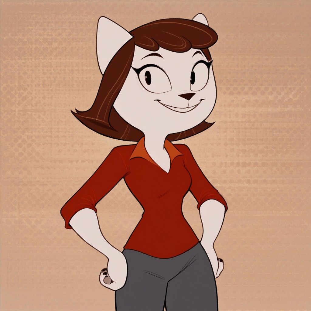 score_9, 1girl, solo, anthro, furry, feline, maggie, pink fur, brown hair, red collared shirt, gray pants, gray slippers, hands on hips, smiling, pattern background