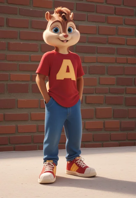 Score_9, score_8_up, score_7_up, source_furry, Alvin Seville, chipmunk, chipmunk male, furry male, furry, 3d, render, movie screencap, blue eyes, red t-shirt, blue jeans, sneakers, tail, hands in pockets, large feet, floral wall , carpet, windows, standing, looking at viewer, <lora:Alvin _Seville __Alvin_and_the_Chipmunks__CG_Movie_version:0.8>