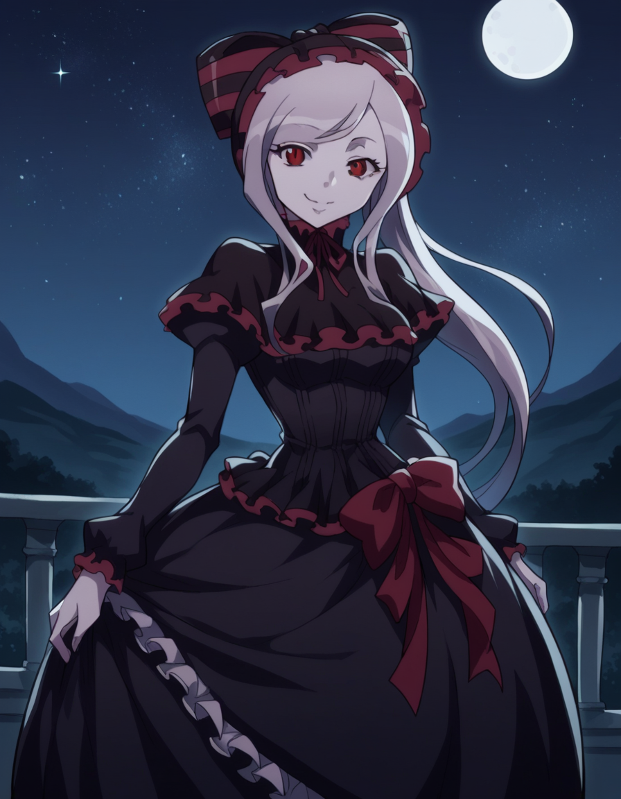 score_9, score_8_up, score_7_up, source_anime,
shalltear, <lora:shalltear-bloodfallen-s1s2-ponyxl-lora-nochekaiser:1>,
shalltear, grey hair, long hair, red eyes, silver hair,
black dress, bonnet, bow, dress, frilled dress, frills, large bow, long sleeves, vampire,
outdoors, landscape, night, moon, starry sky, smile,
looking at viewer, cowboy shot, solo, dutch angle,