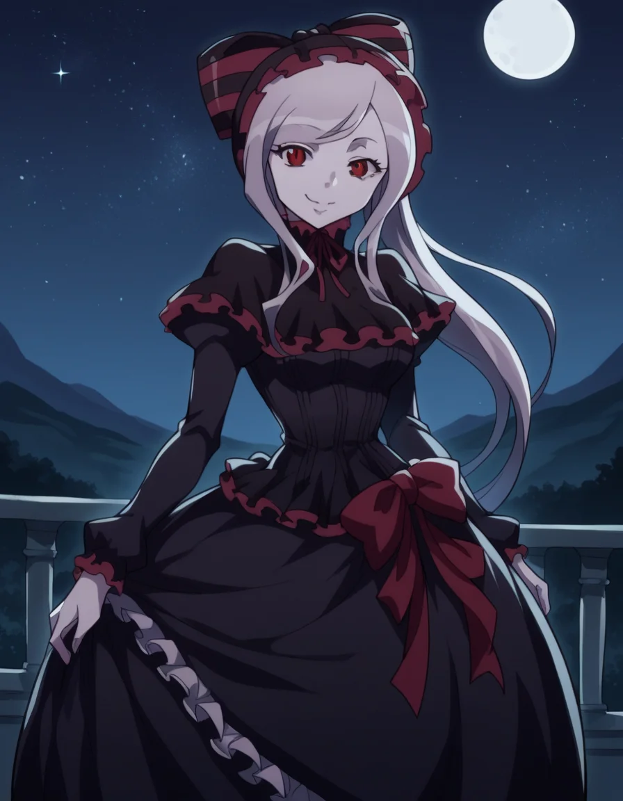 score_9, score_8_up, score_7_up, source_anime,
shalltear, <lora:shalltear-bloodfallen-s1s2-ponyxl-lora-nochekaiser:1>,
shalltear, grey hair, long hair, red eyes, silver hair,
black dress, bonnet, bow, dress, frilled dress, frills, large bow, long sleeves, vampire,
outdoors, landscape, night, moon, starry sky, smile,
looking at viewer, cowboy shot, solo, dutch angle,