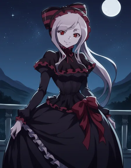 score_9, score_8_up, score_7_up, source_anime,
shalltear, <lora:shalltear-bloodfallen-s1s2-ponyxl-lora-nochekaiser:1>,
shalltear, grey hair, long hair, red eyes, silver hair,
black dress, bonnet, bow, dress, frilled dress, frills, large bow, long sleeves, vampire,
outdoors, landscape, night, moon, starry sky, smile,
looking at viewer, cowboy shot, solo, dutch angle,