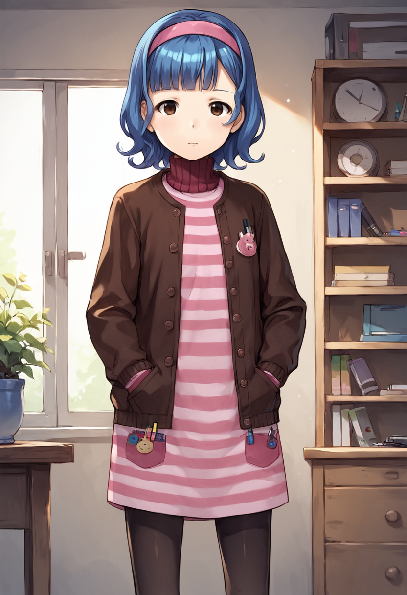 score_9, score_8_up, score_7_up, uncensored, masterpiece, best quality, source_anime BREAK 1girl, solo, vera misham, aged down, blue hair, brown eyes, pink hairband, Expressiveh, sweater, dress, striped, jacket, black pantyhose, pocket on dress, pen, indoors <lora:Expressive_H:0.6> <lora:add-detail-xl:0.5> <lora:Vera_Misham:0.8>