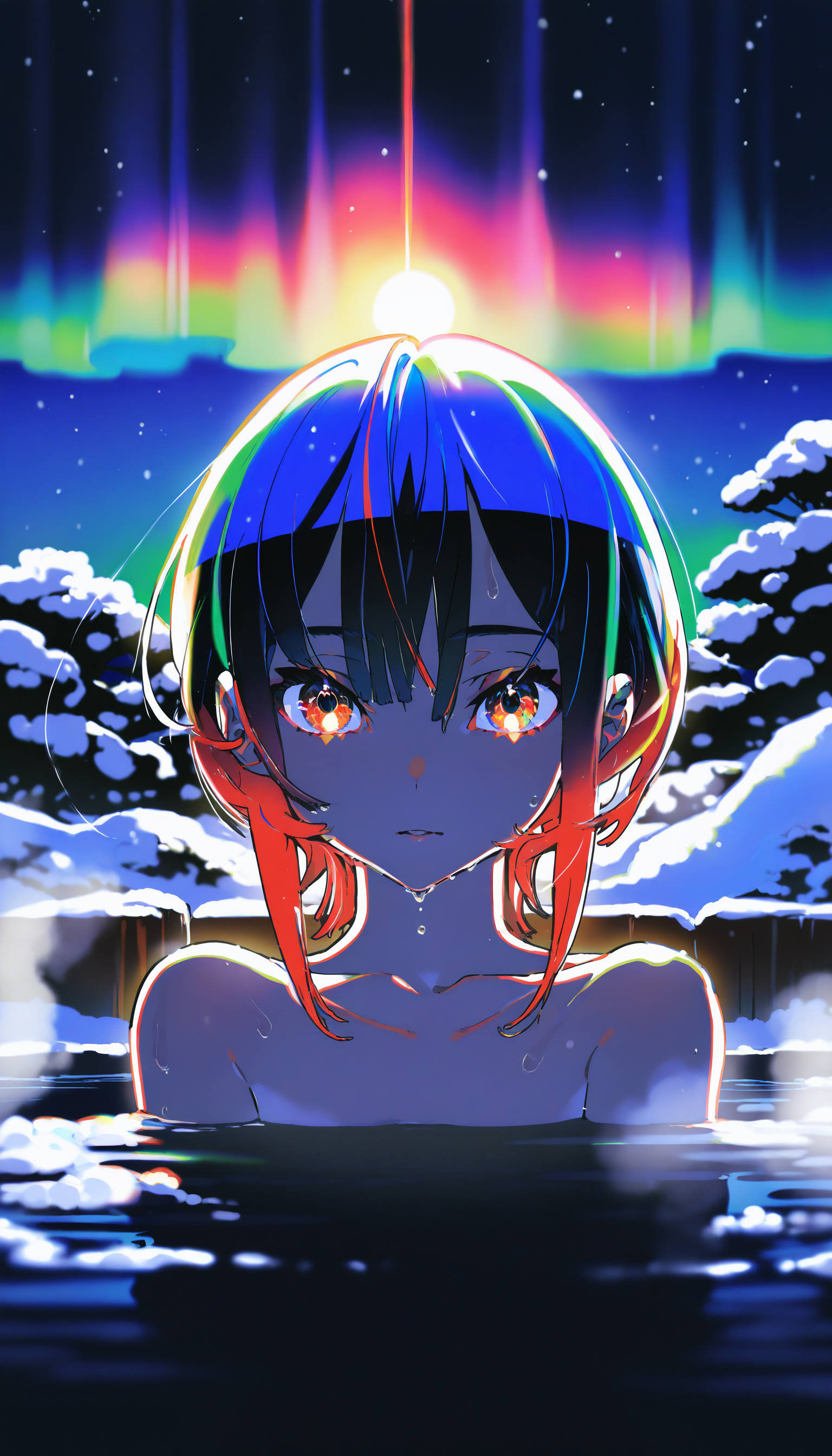 by [yoneyama mai|mika pikazo], aurora, 1girl, multicolored hair, two-tone hair, upper body, scenery, colorful, looking at viewer, collarbone, winter, onsen, steam, snow, partially submerged, night sky, dark, backlighting, wet, dripping, high contrast,
masterpiece, best quality, very awa, absurdres
<lora:noobai_epred_11_artists_v11:1>