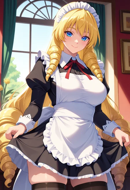masterpiece, best quality, amazing quality, absurdres, 1girl, solo, cowboy shot, himenoww, blue eyes, blonde hair, long hair, very long hair, drill hair, large breasts, maid, maid headdress, red neck ribbon, long sleeves, white apron, black thighhighs, looking at viewer, smile, indoors, day, skindentation, detailed clothing folds, depth of field, sharp, high contrast, dynamic light <lora:Ryuuguuji_Himeno_Gakuen_Saimin_Reido_ill:0.8>