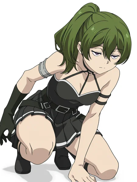 Übel,ubel,solo,gloves,black gloves,single glove,dress,black dress,ponytail,bare shoulders,pleated dress,closed mouth,skirt,belt,breasts,pleated skirt,armlet,arm strap,sleeveless,on one knee,expressionless,anime screencap,white background,