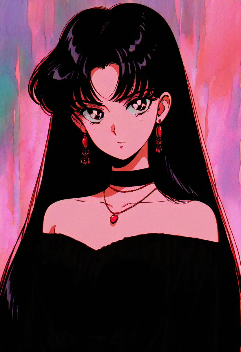 (masterpiece, best quality, good quality, very aesthetic, absurdres),    1girl, solo, eyelashes, (beautiful eyes),   1girl, solo, long hair, looking at viewer, bangs, black hair, dress, bare shoulders, jewelry, collarbone, upper body, heart, earrings, choker, necklace, off shoulder, black eyes, black dress, parted bangs, black choker, film grain, long hair, looking at viewer, black hair, bare shoulders, upper body, off shoulder, black dress, black choker, hoop earrings, 1980s (style), film grain, hino rei  ,<lora:GothRetroNAI:1.0>,