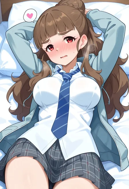 masterpiece, best quality, amazing quality, very aesthetic, absurdres, newest,1girl, solo, (nao kamiya, kamiya nao,long hair, brown hair, red eyes, medium breasts, blue necktie,kamiya nao,gray skirt, plaid skirt,pleated skirt,school uniform,braided bun,striped necktie,white shirt,hooded jacket,collared shirt,long sleeves,miniskirt,open jacket,blue jacket), blush, looking at viewer, closeup, close-up, bedroom, bed,parted lips, visible breath, sensation lines, spoken hearts, full face blush, perky breasts, shy, embarrassed, lying in bed, lying on back, arms up,breasts apart, wavy mouth, from above