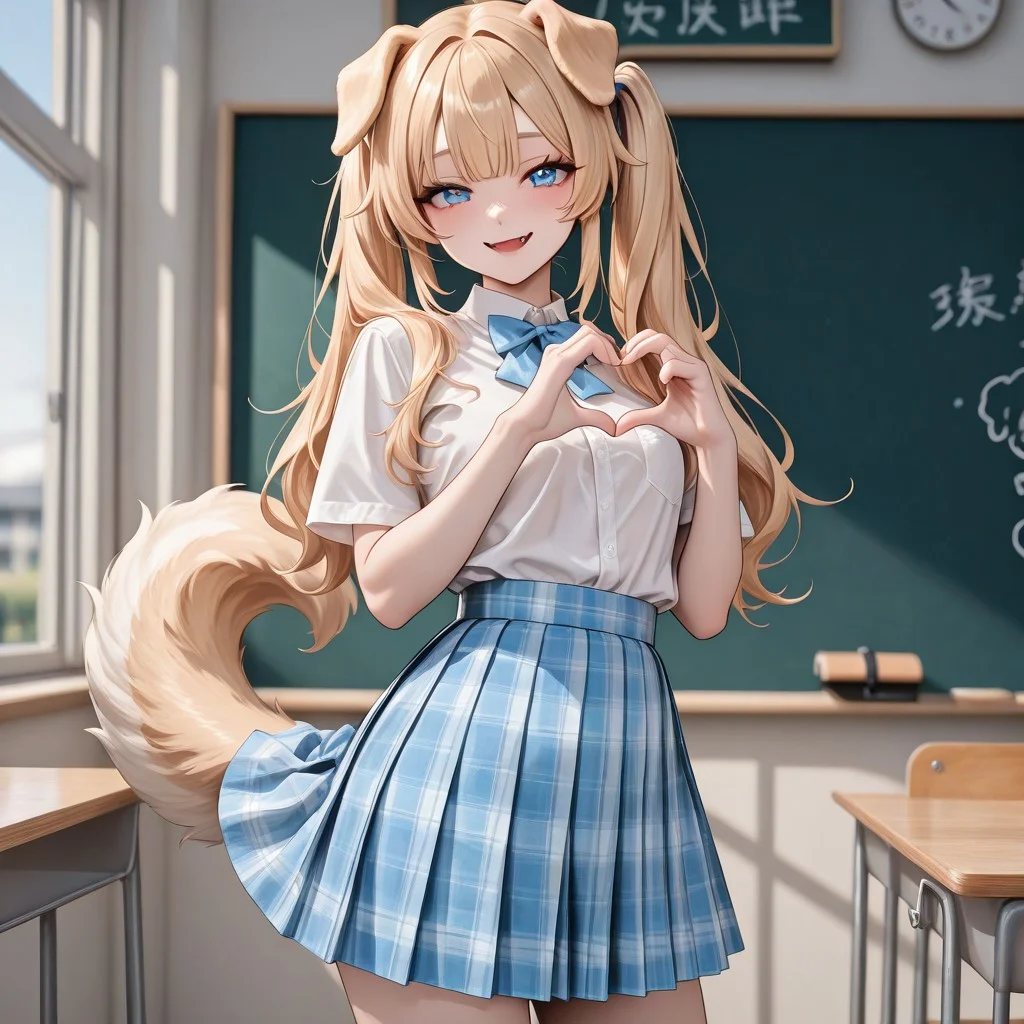 masterpiece, very aesthetic, best quality, 1girl, cute  dog girl, dog ears, floppy ears, golden retriever tail, golden hair, long hair, high twintails with hair base, fang bangs, big eyes, blue eyes, puppy dog eyes, seductive smile, small breasts, standing, seductive pose, four finger heart hands, blue skirt, blue bow, school uniform, white shirt, plaid skirt, ksg skirt, seductive smile, blurry background, school classroom, chalkboard, windows, from front, looking at viewer, , <lora:c1221b57-de68-4f61-bf74-592496806b1b:1.0>, <lora:b859d07c-f155-4a27-9a3b-bcd1e5db7af8:0.7>