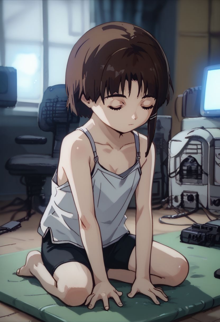 score_9, score_8_up, score_7_up, score_6, source_anime, lain, kneeling, chibi, kawaii, ((plain white camisole)), (((yoga mattress, complex yoga stretching, complex stretching move, very difficult yoga move, full stretch))), ((closed eyes, bliss)), deep breath, HDA_SportsXL, dark computer room, watercooling systems, computer screens, computer room, computers, computer cables, network cables, lain's bedroom, ((low light, pitch dark)), dark night, dark ambiance, (((puddles, wet floor))), night, teddy bears background