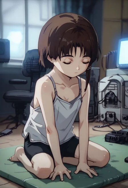 score_9, score_8_up, score_7_up, score_6, source_anime, lain, kneeling, chibi, kawaii, ((plain white camisole)), (((yoga mattress, complex yoga stretching, complex stretching move, very difficult yoga move, full stretch))), ((closed eyes, bliss)), deep breath, HDA_SportsXL, dark computer room, watercooling systems, computer screens, computer room, computers, computer cables, network cables, lain's bedroom, ((low light, pitch dark)), dark night, dark ambiance, (((puddles, wet floor))), night, teddy bears background