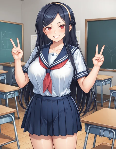 score_9, score_8_up, score_7_up, source_anime, <lora:add-detail-xl:1>, good anatomy, masterpiece, amazing quality, ultra detailed, good hand
BREAK <lora:takatsuki-taeko Yuunagi-sou no S-kyuu no Kanojo-tachi2 (MOONSTONE Cherry):0.7> takatsuki-taeko, black hair, long hair, hair braid, hairband, white hairband, hairpins, silver hairpins, red eyes, large breasts,
BREAK outfit01, sailor suit, white shirt, short sleeves, red neckerchief, skirt, black skirt, pleated skirt,
BREAK 1girl, standing, hands up, double v, smile, in classroom,