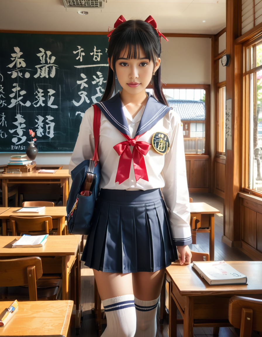 A Japanese schoolgirl standing in a traditional Japanese classroom during daytime. She wears a classic navy blue and white sailor-style school uniform with a pleated skirt, a ribbon tied at the collar, and knee-high socks. She has neatly styled black hair, possibly in a ponytail or straight with bangs, and carries a school bag over one shoulder. Her expression is calm and focused, with a hint of curiosity or determination.
The classroom features wooden desks and chairs arranged in rows, a large chalkboard with neatly written Japanese characters, and sunlight streaming in through large windows that reveal cherry blossom trees outside. Educational posters with kanji and hiragana are displayed on the walls, and a clock hangs above the board. The atmosphere is warm and nostalgic, capturing the essence of a Japanese school setting in a realistic and highly detailed photograph.
<lora:SDXLFaeTastic2400:0.4> <lora:extremely_detailed:0.4> extremely detailed, <lora:Japanese_cl4ssr00m:1>,Japanese cl4ssr00m, Masterpiece,best quality,hi res,8k,hi res,8k,award winning,(sharp focus, intricate, highly detailed),