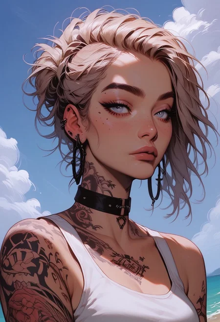Score_9, Score8_up, Score_7_up, (((High Resolution, Best Quality))), 
1girl, solo, Covered in Tattoos, her hand on her head, brushing hair behind ear, 
Tanktop, cutoff, choker, 
On a Cliff overlooking a beach, Cloudy Sky,