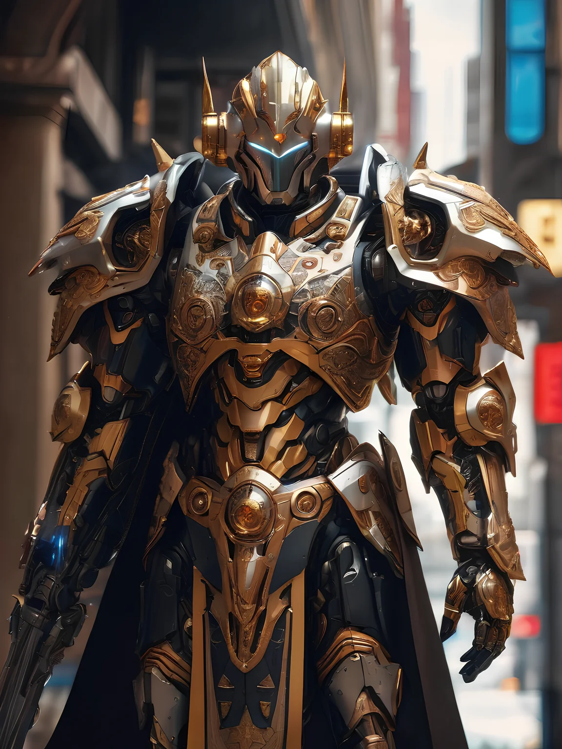 (dynamic angle:1.2), impressive, visually stunning, mech, sword, paladin, templar, holy knight, dynamic pose, action shot, crown, righteous, ornate patterns, regal, black and gold, cloak, aegis, menacing, justicar, soft depth of field, armoured, cyberpunk, intricate details, highly detailed, photorealistic, realistic, depth of field, cinematic, perfect lighting,
