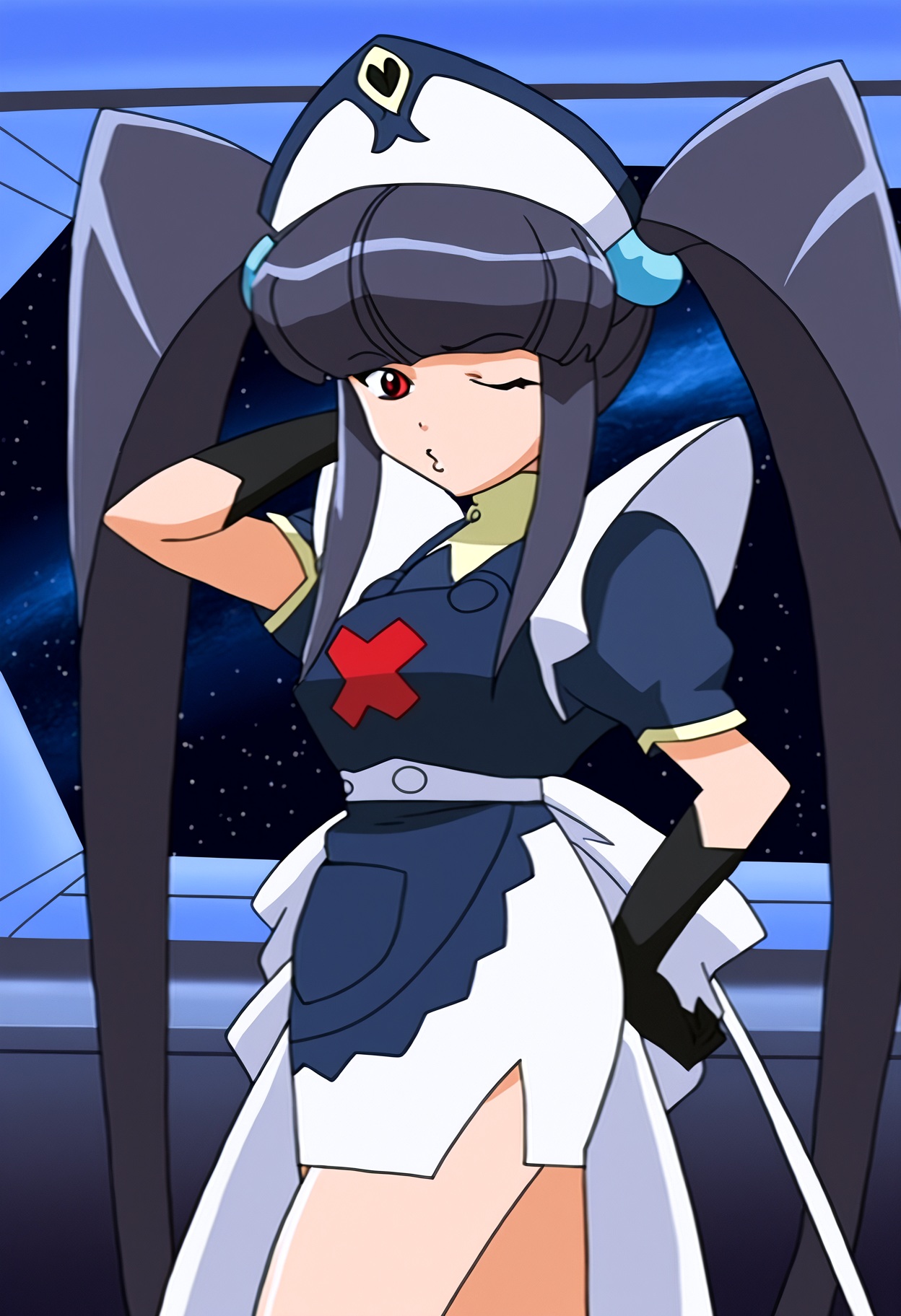 high quality, highres,
1girl, paiway underberg, solo,red eyes,looking at viewer, one eye closed, pursed lips, paiway outfit,long hair, bangs, black hair, twintails, ponytail, blunt bangs, nurse cap,  gloves, pose, indoors, space, from side,