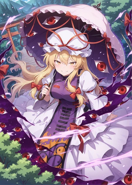 absurdres, highres, masterpiece, best quality, amazing quality, official anime artwork, screencap, anime screencap, outdoors, looking at viewer, evil smile, dynamic pose, flying, from above, torii, purple aura, sky, midair, forest, tree,
<lora:Yukari-Yakumo_IllustriousV2:1> yakumo yukari, 1girl, solo, yellow eyes, blonde hair, long hair, sidelocks, large breasts,, mob cap, white hat, hat ribbon, hair bow, red bow, white dress, juliet sleeves, puffy sleeves, long sleeves, wide sleeves, purple tabard, gap \(touhou\), holding umbrella,