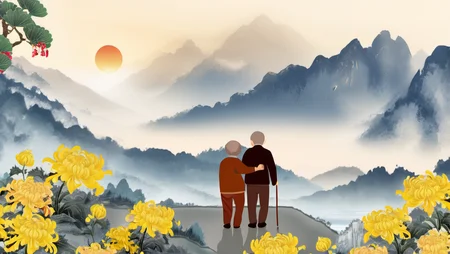 ChongYang Photography, mountains, river, an old couple, chrysanthemums, sunset, best quality, high quality, masterpiece, 8K UHD, highly detailed, ultra detailed <lora:ChongYang_v1.0:0.8>
