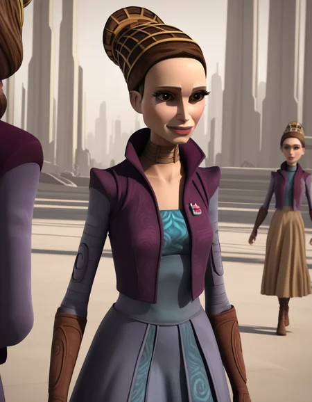 score_9, score_8_up, score_7_up, source_anime,
<lora:clonewars-padme-amidala-s3-ponyxl-lora-nochekaiser:1>, padme amidala, brown hair, brown eyes, realistic, mole, mole under eye, long hair, lips, 3d,
skirt, long sleeves, jacket, hair bun, single hair bun, long skirt, purple jacket,
outdoors, smile,
looking at viewer, cowboy shot, dutch angle, solo,