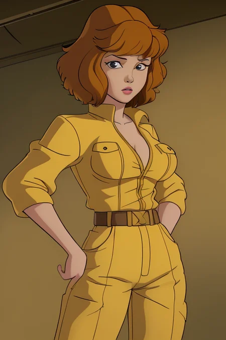 <lora:April O'Neil:0.8> april o'neil, short brown hair, black eyes, yellow jumpsuit, sleeves rolled up, white belt
