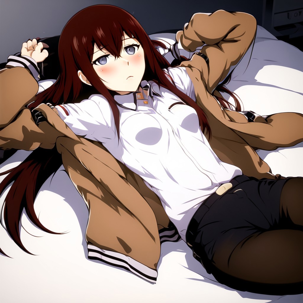 a hot and sexy image of makise kurisu lying on back with her jacket removed, armpits, lying on back, looking at viewer, arm up, blush, white inners, red hair, anime style, medium boobs