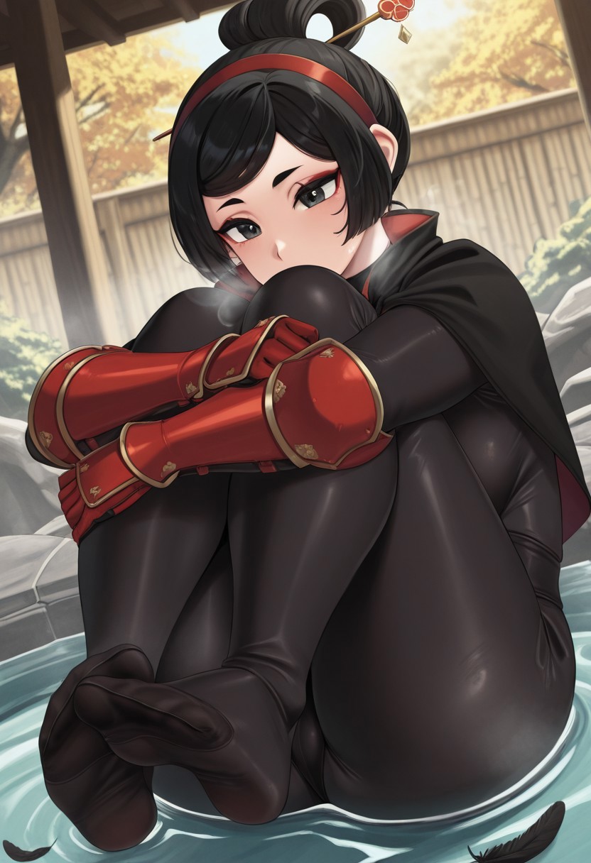 moistureILL,  outdoors, undershirt, falling feathers, black bodysuit, hair stick, hugging knees, knees to chest, gauntlets, eyeshadow, red gloves, two sides up, black capelet, red hairband, black eyes, 1girl, solo, feet, visible breath, dynamic angle, foreshortening, smell, steam, onsen, water