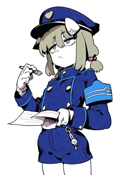 <lora:yakumo_v2-000007:1>, yakumo \(blue archive\), nozomi \(blue archive\), train conductor, dog ears, double-breasted, blue shorts, white pantyhose, white gloves, karasu raven, ireading, peaked cap, blue armband, 1girl, solo, holding pen, holding paper, thinking