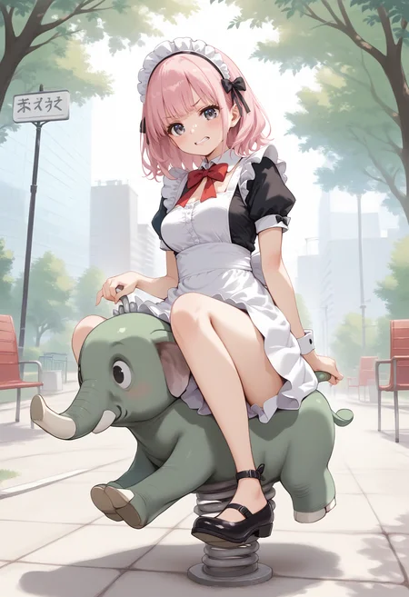 score_9, score_8_up, score_7_up, source_anime,
1girl,solo,medium breasts, maid, maid headdress,
spring rider,elephant,sitting, shoes, riding, outdoors, holding, park,<lora:springrider_Pony_v1:0.8>
from below, full body, looking at viewer, pink hair, gray eyes,clenched teeth, closed mouth, bow-shaped hair,,