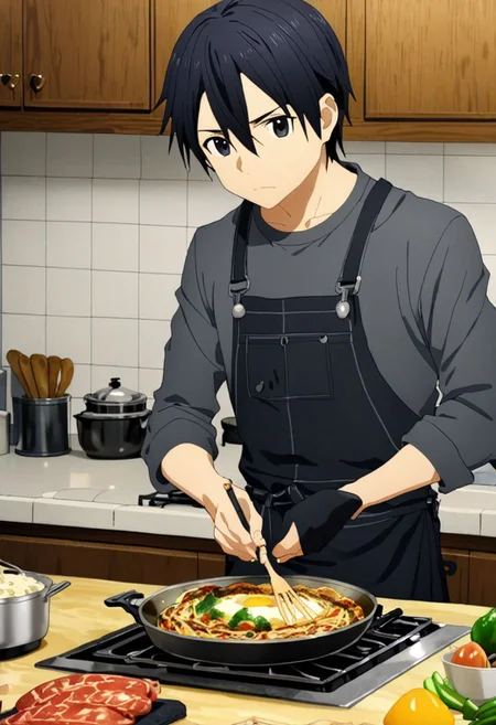 high resolution, professional photography, best quality, 1Boy, Kirigaya Kazuto, Black Hair, Black Eyes, overalldetail, cooking, kitchen